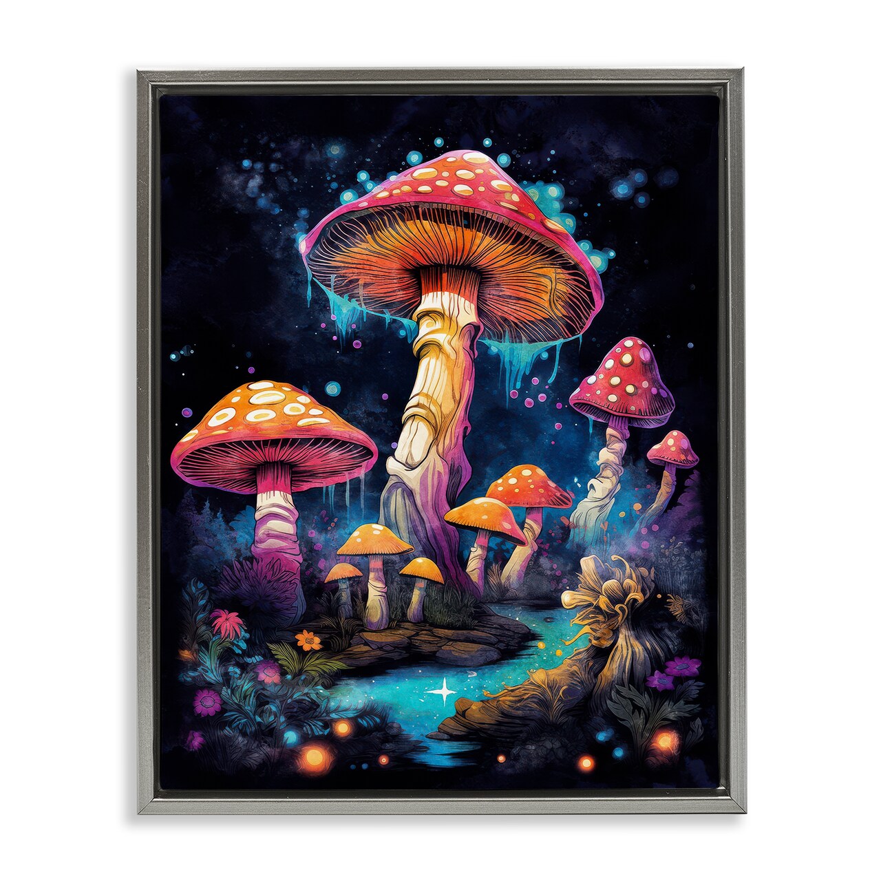 Stupell Industries Psychedelic Mushroom Scene Framed Floater Canvas Wall Art Design by Nina Blue